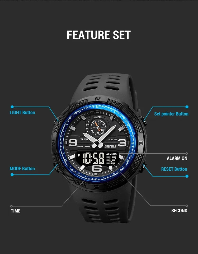 SKMEI  Outdoor Sports Men's Electronic 1655 Watch Dual Display Multi functional Waterproof Student Exploration Watch