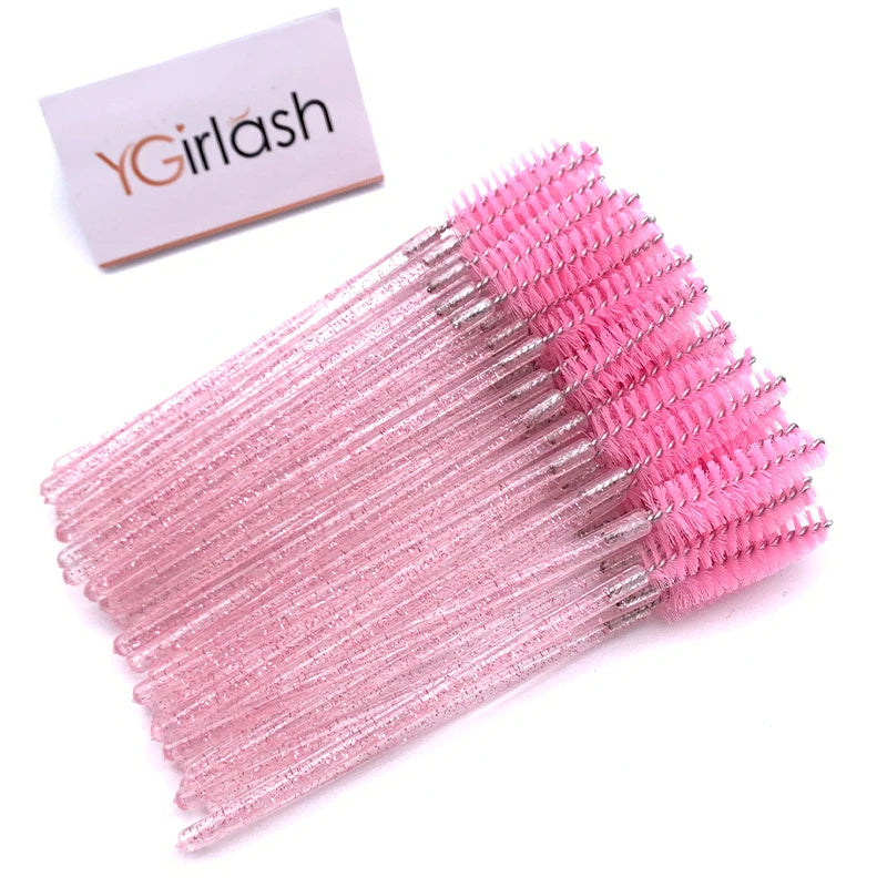 50 Pcs Shiny Crystal Eyelash Applicator Disposable Diamond Handle Nylon Two Colors Mascara Wands Spoolies Pink Brushes
