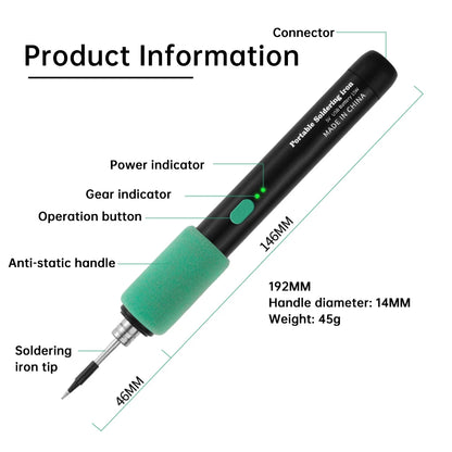 Wireless mini soldering iron with three-level temperature control Type C interface, suitable for maintenance and soldering