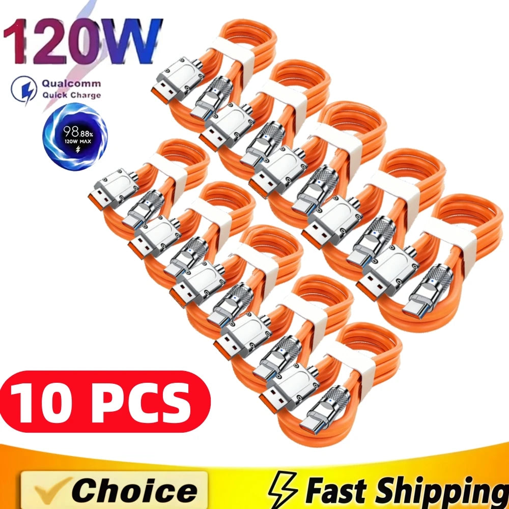 10PCS 120W Super Fast Charge Type-C Liquid Silicone Cable Quick Charge USB Lines For Xiaomi Huawei Samsung USB Phone Data Wire