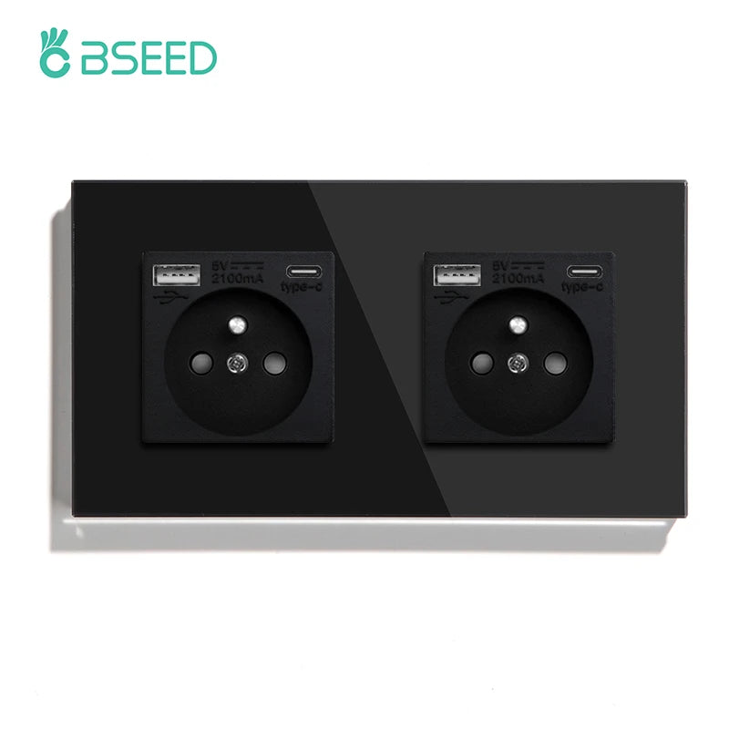 BSEED France Standard Single Wall French Socket Double Power Plug With White Black Gloden Crystal Glass Panel 16A 110V-250V