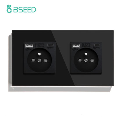 BSEED France Standard Single Wall French Socket Double Power Plug With White Black Gloden Crystal Glass Panel 16A 110V-250V