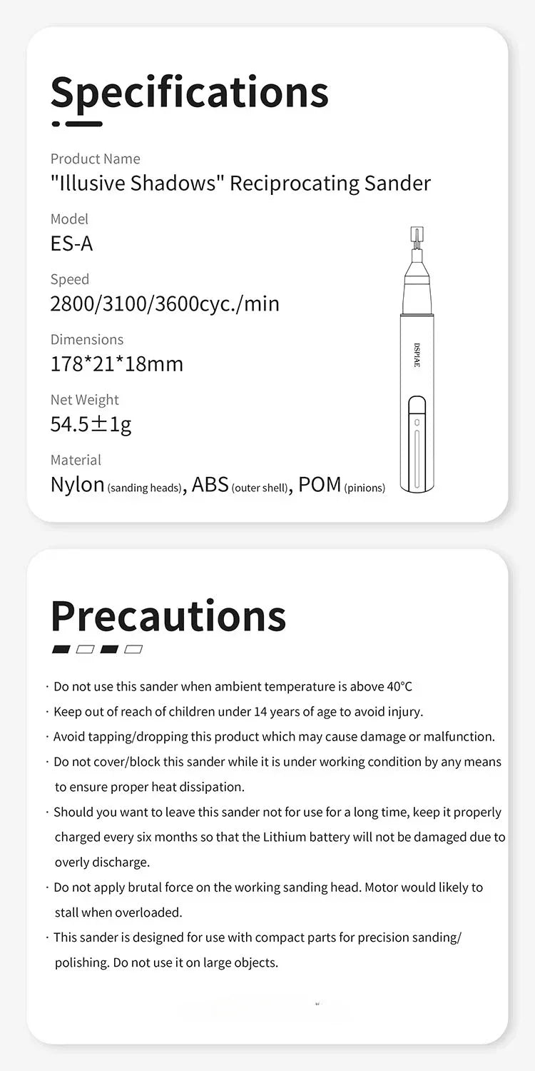 DSPIAE DIY ES-A Plastic Model Electric Reciprocating Sander USB Charge Grinding Pen Sanding Heads Sandpaper Military Craft Tools