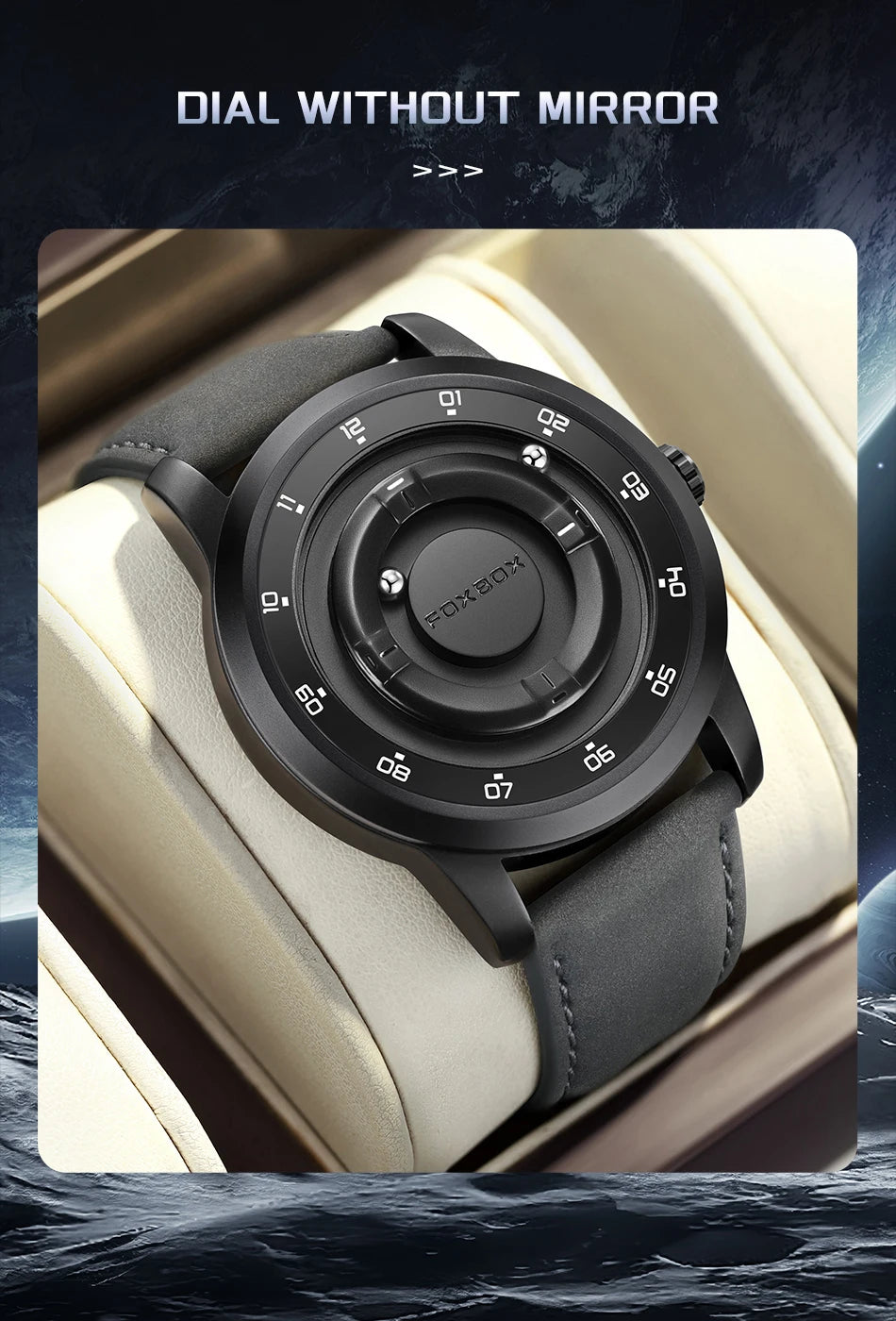 FOXBOX Watch Planet Design Fashion Floating Magnetic Pointer Free Ball Bearing Creative Simple Waterproof Quartz Watch for Men