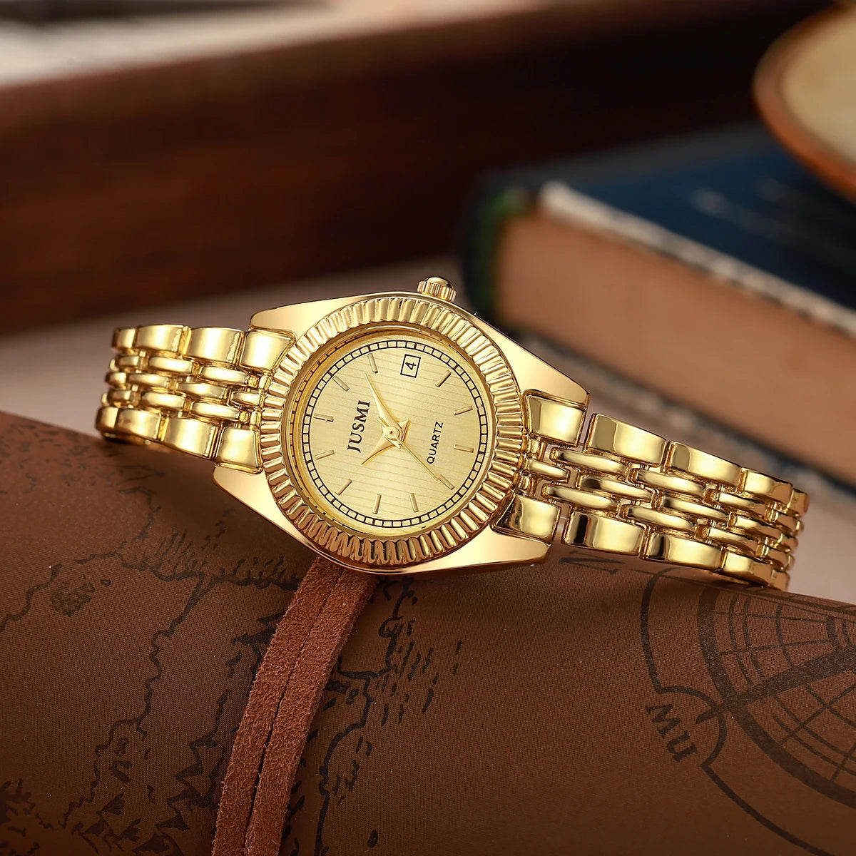 Fashionable Simple Light Luxury Round Dial Steel Band No Number Women's Quartz Watch Jewelry Set of 5, Suitable for Holiday Gift