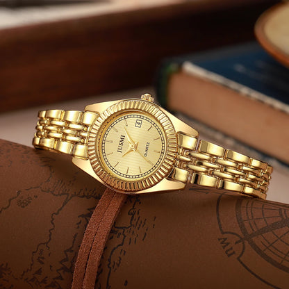Fashionable Simple Light Luxury Round Dial Steel Band No Number Women's Quartz Watch Jewelry Set of 5, Suitable for Holiday Gift