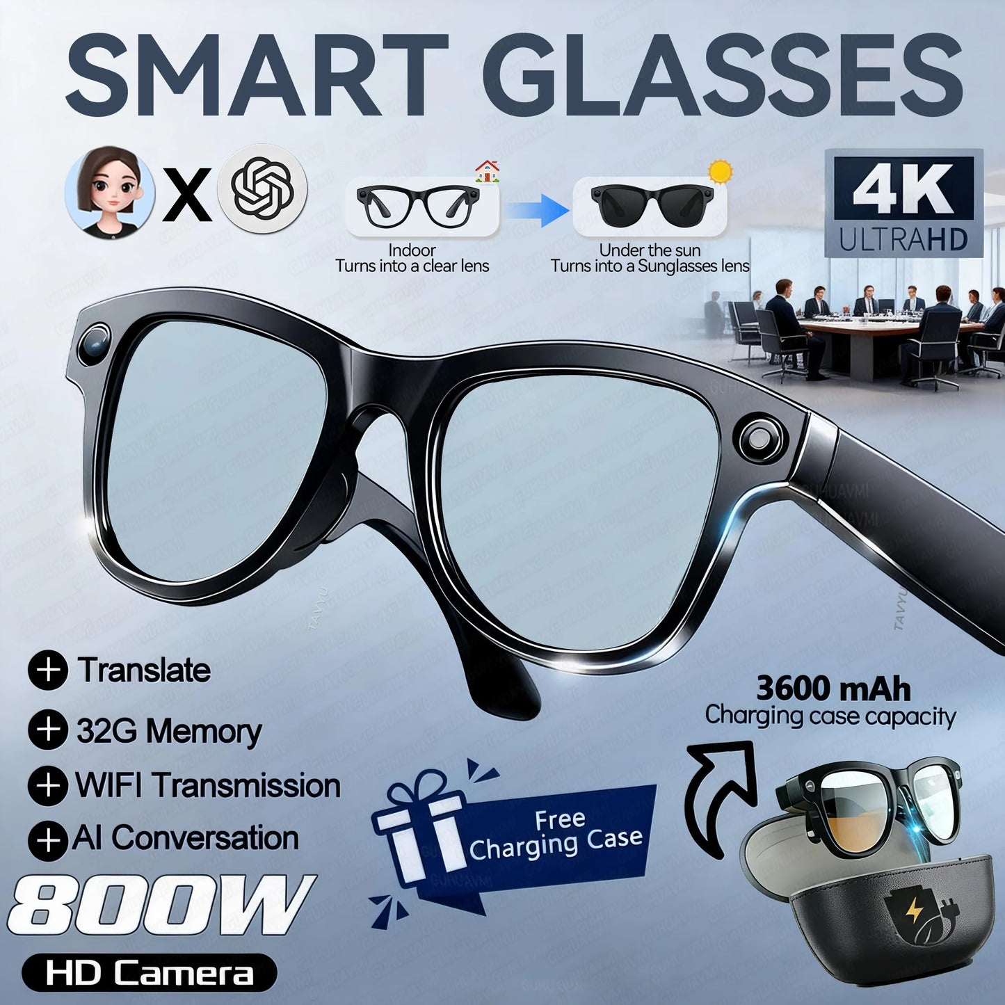 2026Nowe okulary AI z kamerą 8MP 4K HD Męskie 3600mAh Power Bank Pamięć 32G Okulary tłumaczące 160+ Wodoodporne inteligentne okulary przeciwsłoneczne Damskie