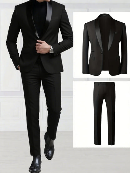 2-Piece Men's Shawl Collar Suit Set, Elegant Groom Wedding Outfit, Suitable for Wedding, Prom & Banquet
