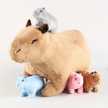 Kawaii Simulation Capybara Stuffed Animal-13.38'' Mommy Stuffed Capybara with 4 Baby Stuffed Animals Inside Zipper Tummy