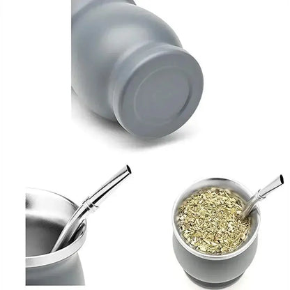 230ML Mate Cup 304 Stainless Steel Double Wall 8oz Portable Tea Mug Mate Tea Gourd With 2 In 1 Straw Spoon Give Cleaning Brush