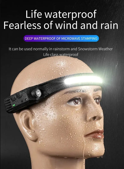 Latarka czołowa LED z czujnikiem i wbudowanym akumulatorem, ładowana przez USB, lampa robocza, super jasna latarka