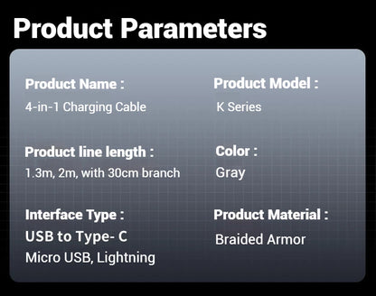 4-in-1 Multifunctional Charging Cable Supports USB-A to USB-C, Micro USB, and Braided Cables for Charging Multiple Devices