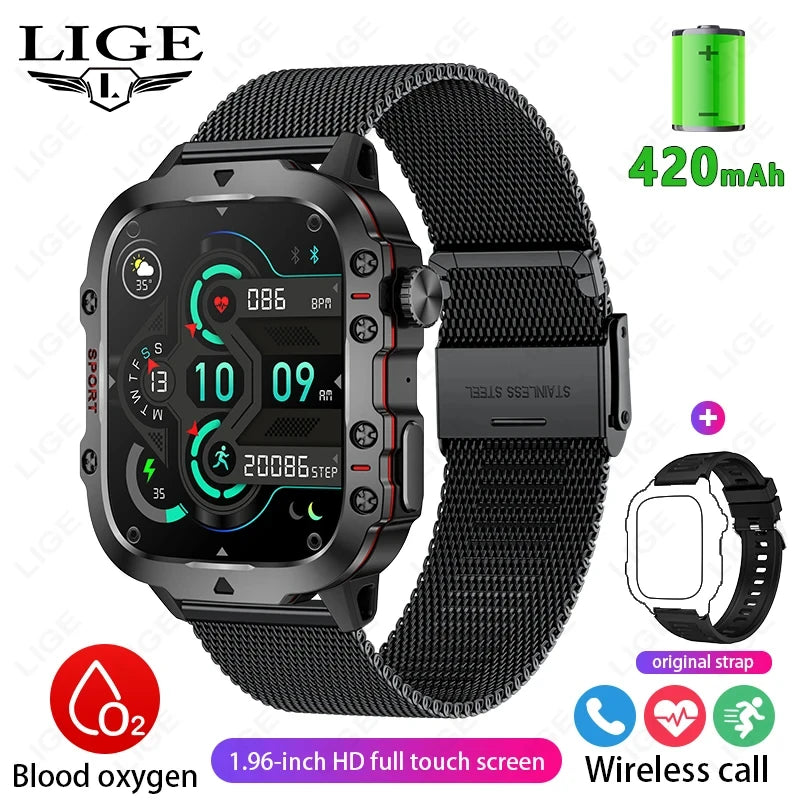 LIGE Outdoor Men's Sports Smart Watch 2.01 inch HD Screen Fitness Monitor Bluetooth Call Smartwatch For Men Women Holiday Gifts