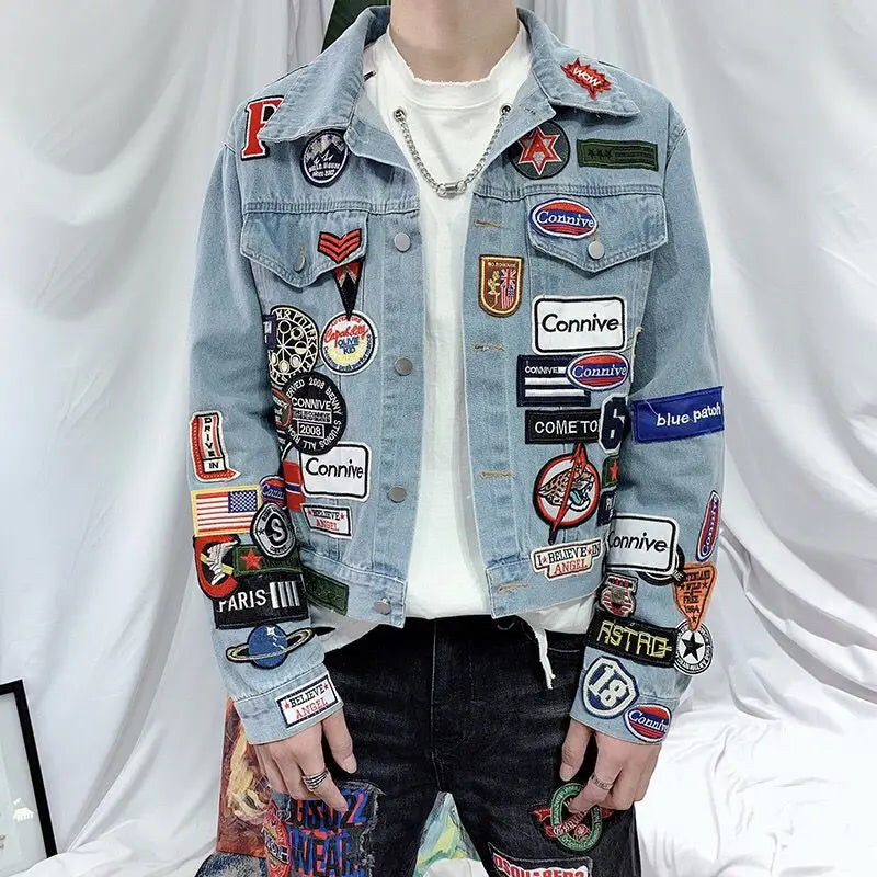 Y2K Spring and Autumn New Men's Embroidered Denim Jackets Trendy and Handsome Slim Fit Badge Jeans Coat