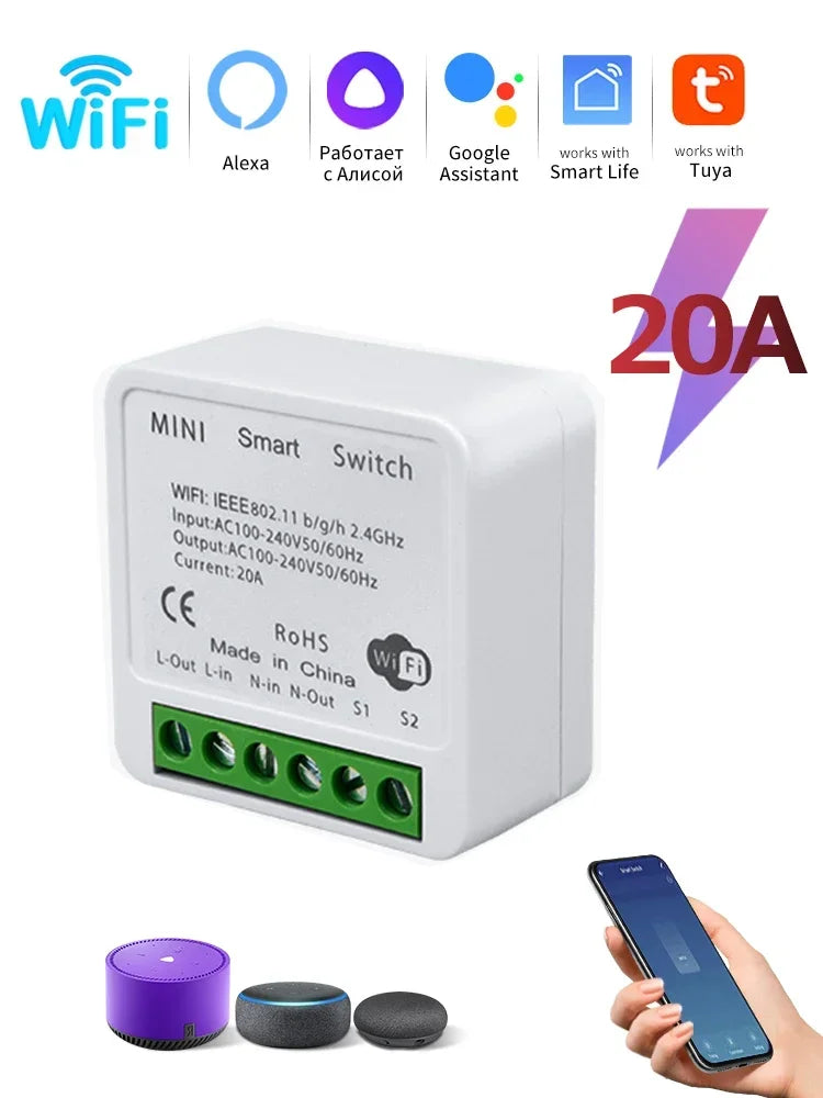 Tuya WiFi Smart Switch 16A 20A RF 433Mhz Relay Breaker Module 2-Way Control Smart Life App Remote Works with Google Home Alexa