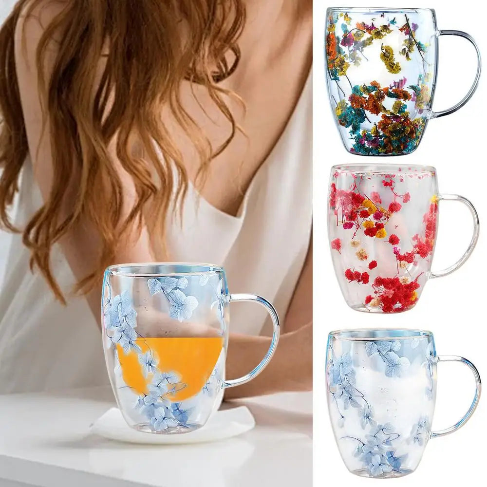 Insulated Layer Flowers Coffee Cup Double Walled Glass Coffee Mug Handle Anti-Scald Glass Mugs Dried Flowers Heat Insulation cup