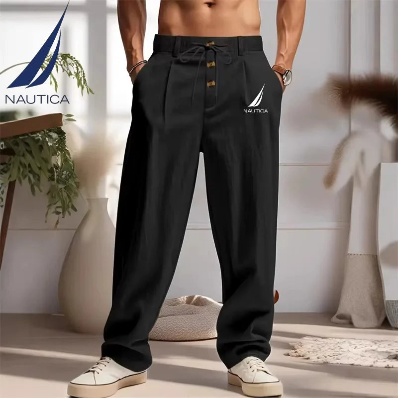 Nautica  Men's Casual Breathable Cotton-Linen Pants Trendy Street Sport Loose Straight Beach Outdoor Trousers