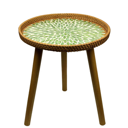 Rattan Round End Table, Boho Side Table for Living Room with Mother of Pearl Inlay, Small Coffee Table Wicker Bedsid Table
