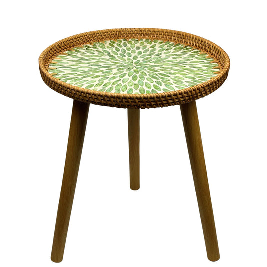 Rattan Round End Table, Boho Side Table for Living Room with Mother of Pearl Inlay, Small Coffee Table Wicker Bedsid Table