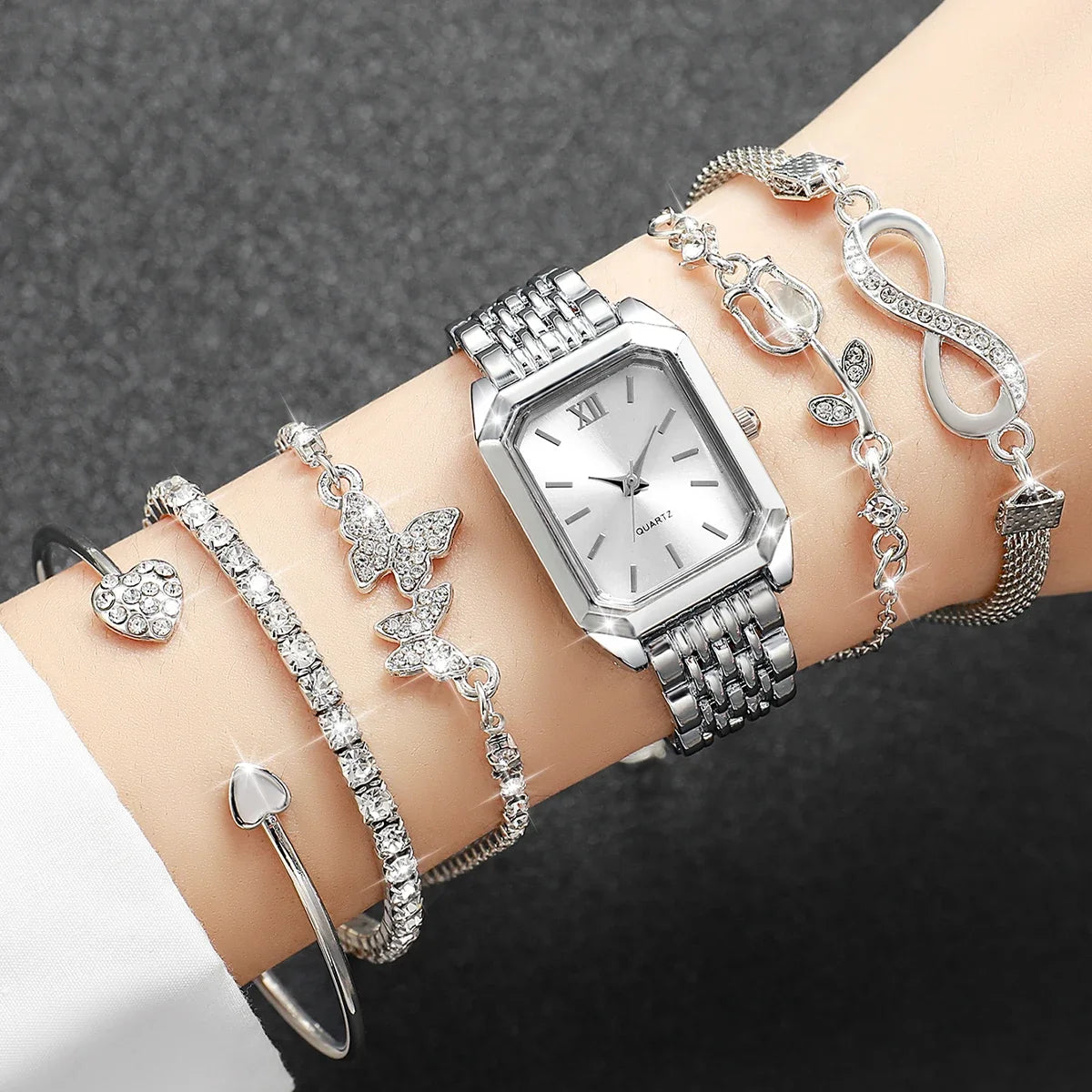 6PCS Fashion Rectangle Women Quartz Watch Bracelets Set Ladies Roma Dial Silvery Band Wristwatch Reloj Mujer(Without Box)