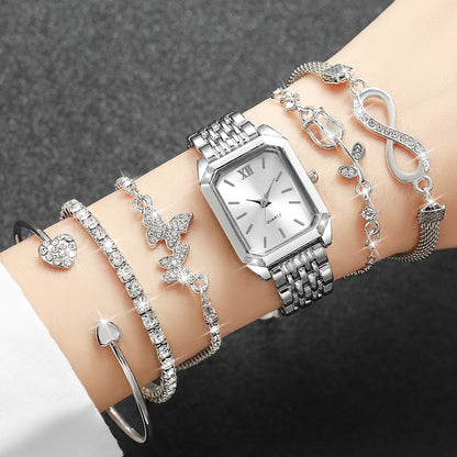6PCS Fashion Rectangle Women Quartz Watch Bracelets Set Ladies Roma Dial Silvery Band Wristwatch Reloj Mujer(Without Box)