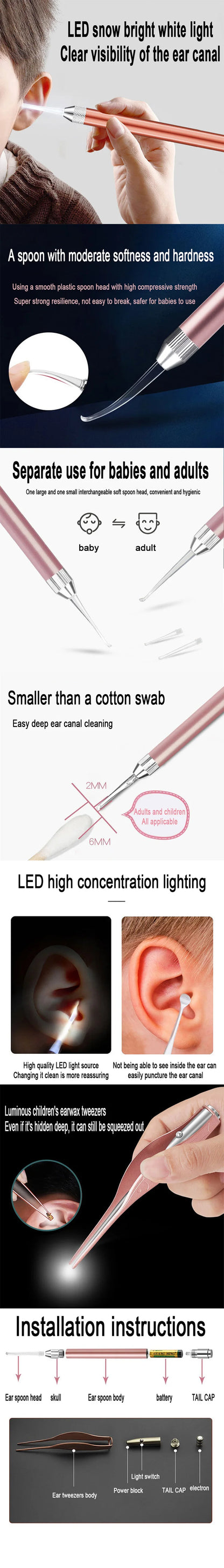 Ear wax remover with light LED Wax Removal Luminous Ear Scoop Cleaner Handy Ear Picking Tool for Hygiene and Health