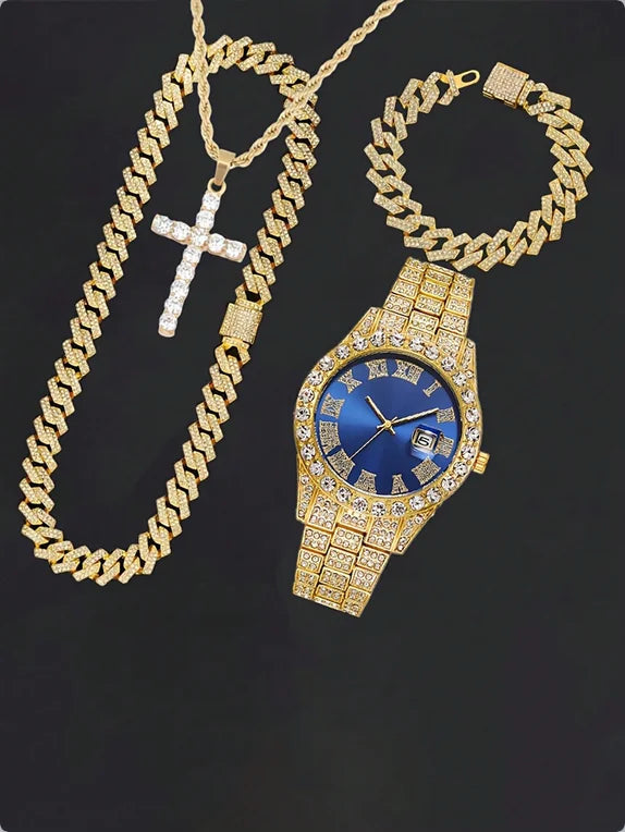 Men's Hip Hop Trendy Fashion Large Dial Diamond Inlaid Cuban Chain Watch Set