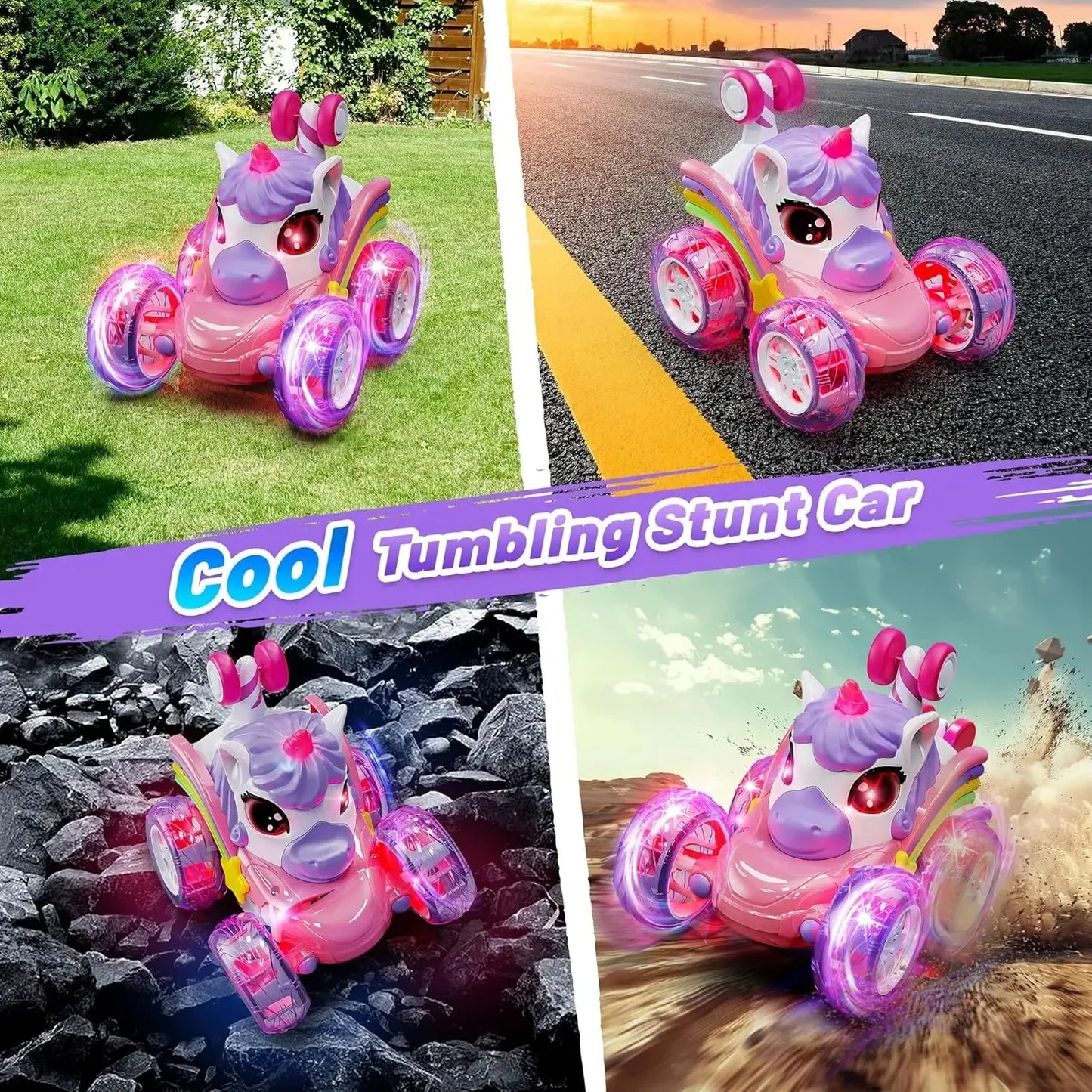 Unicorn Remote Control Car for Girls, 360° Rotating 4WD Stunt RC Cars with Cute Lights, Rechargeable Toys-Kid for Birthday Gifts