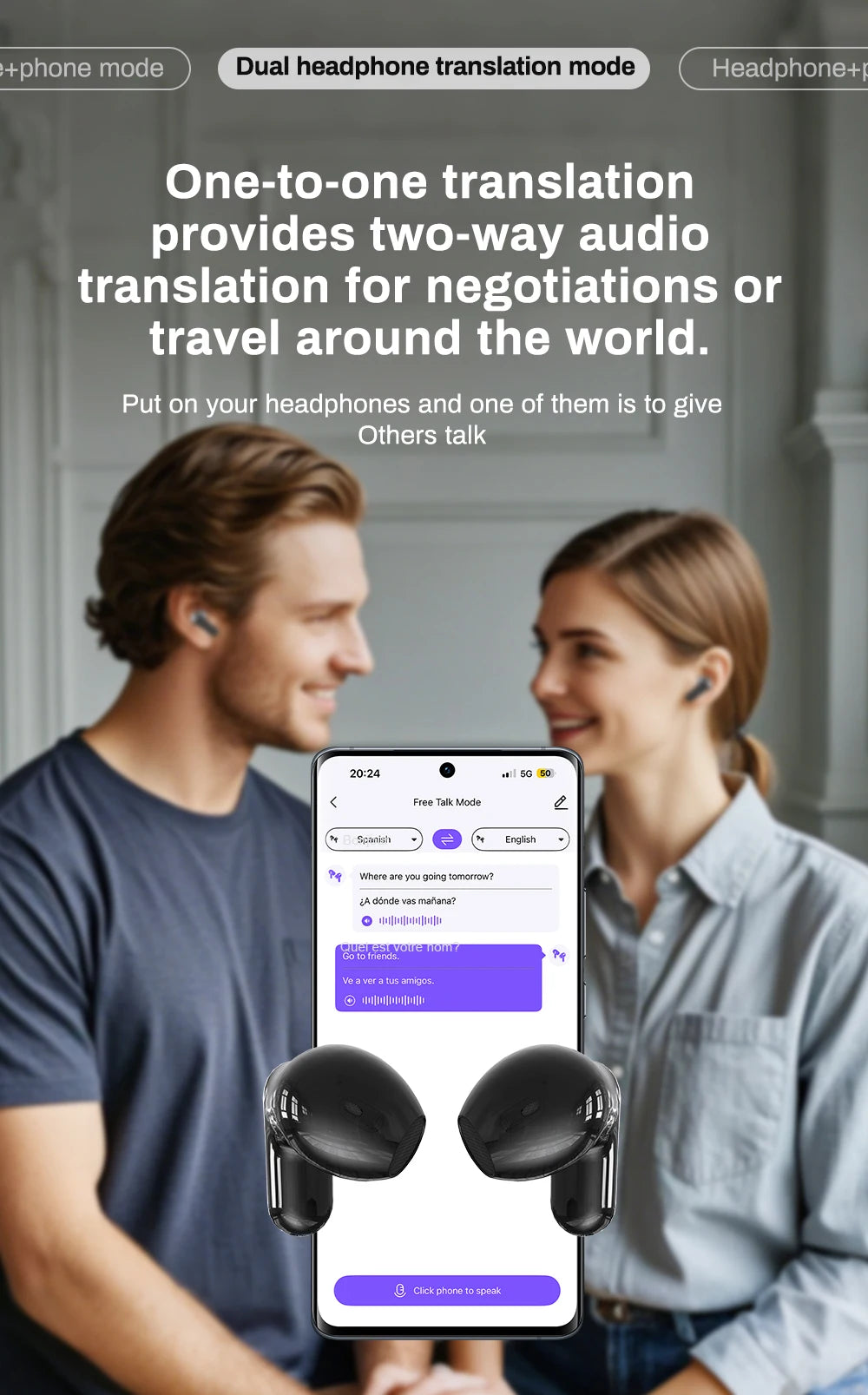 NE20 AI Instant Translation Wireless Earbuds, Bluetooth 6.0 Headphones, IPX4 Waterproof Long Endurance Battery Life Touch Screen