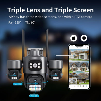15MP ICSEE Protocol Security Camera 3-HD Screens Auto Tracking Color Night Vision 2-Way Audio Outdoor WiFi CCTV Cam