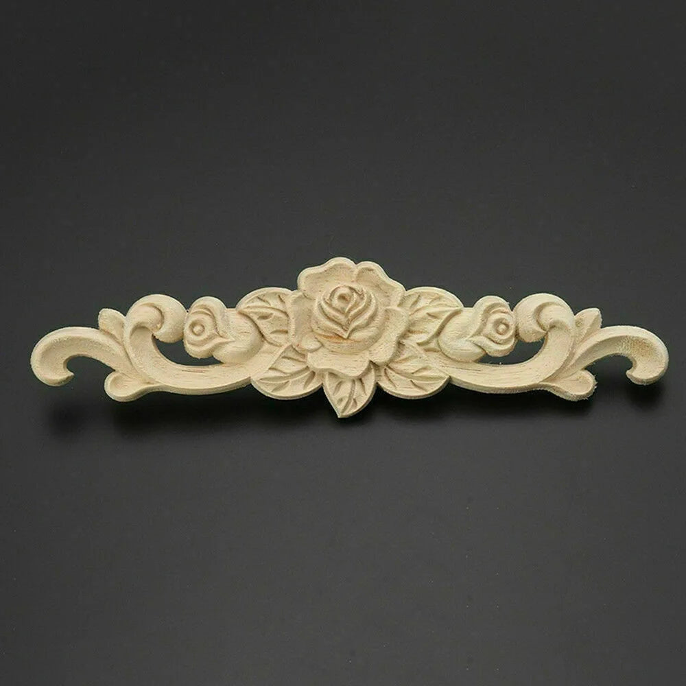 Natural Floral Wooden Carved Applique Wooden Figurines Crafts Corner Frame Appliques Frame Wall Door Furniture Woodcarving Decor