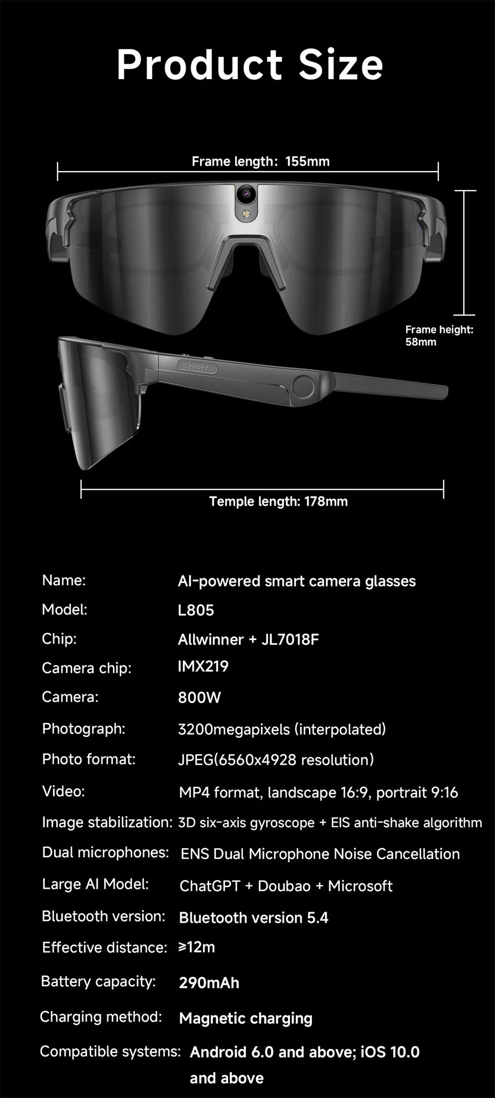 Inteligentne okulary rowerowe AI 4K HD z kamerą 800W, połączenia Bluetooth, tłumaczenie, stabilizacja obrazu, przeciwsłoneczne, dla mężczyzn i kobiet, anty-UV, wodoodporne, muzyka