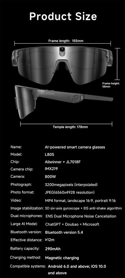 Inteligentne okulary rowerowe AI 4K HD z kamerą 800W, połączenia Bluetooth, tłumaczenie, stabilizacja obrazu, przeciwsłoneczne, dla mężczyzn i kobiet, anty-UV, wodoodporne, muzyka