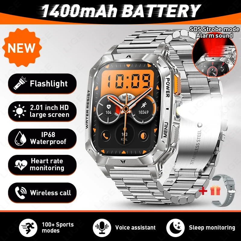 LIGE 2026 Military Grade 1400mAh Battery Smart Watch Men 2.01" HD Screen IP68 Waterproof Sport Fitness Bluetooth Call Smartwatch