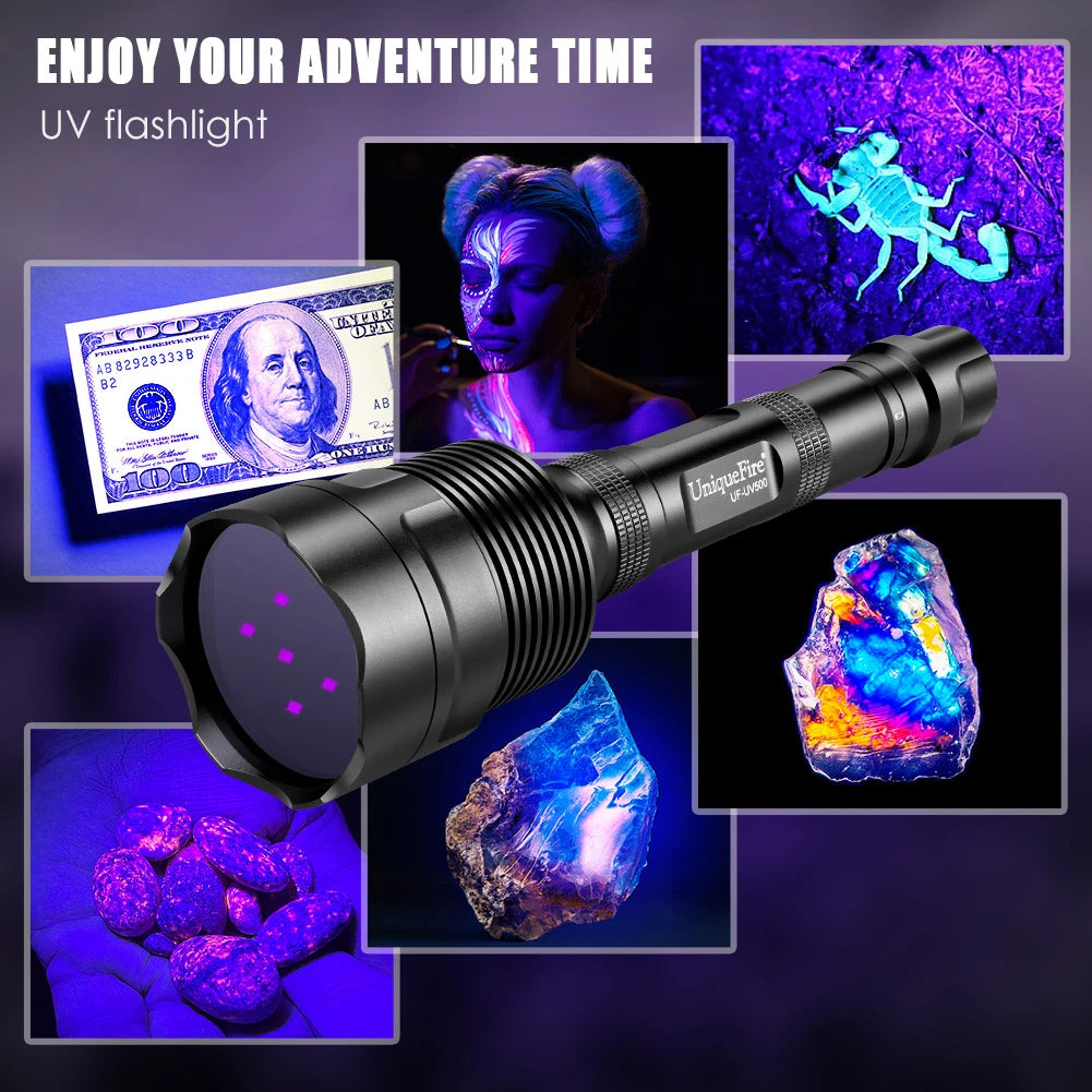 UniqueFire 50W UV500 365NM Black Light LED Flashlight High Power and Long Range Grade Beam Best for Professional/Commercial Use