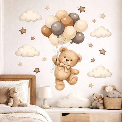 Adorable Teddy Bear Balloons Stars Clouds Wall Sticker Nursery Child Room Art Vinyl Decal Kids Room Bedroom Living Home Decor