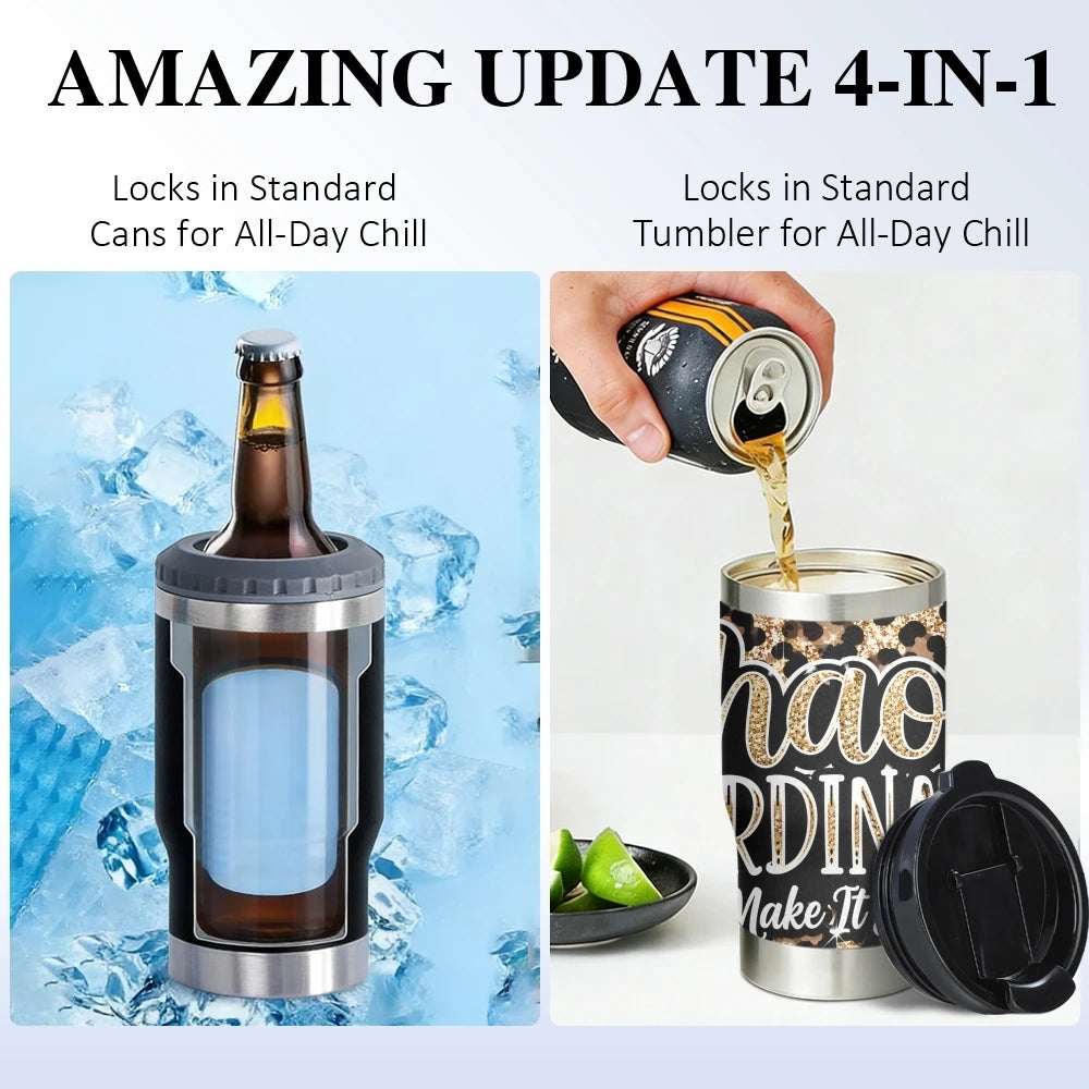 Mama Needs a Drink Leopard Vacuum Flasks 4-in-1 Stainless Steel Can Cooler Insulated Beer Soda Coffee Holder Dual Lids Fits 12oz