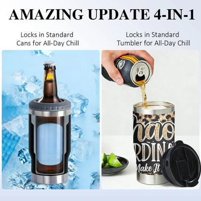 Mama Needs a Drink Leopard Vacuum Flasks 4-in-1 Stainless Steel Can Cooler Insulated Beer Soda Coffee Holder Dual Lids Fits 12oz
