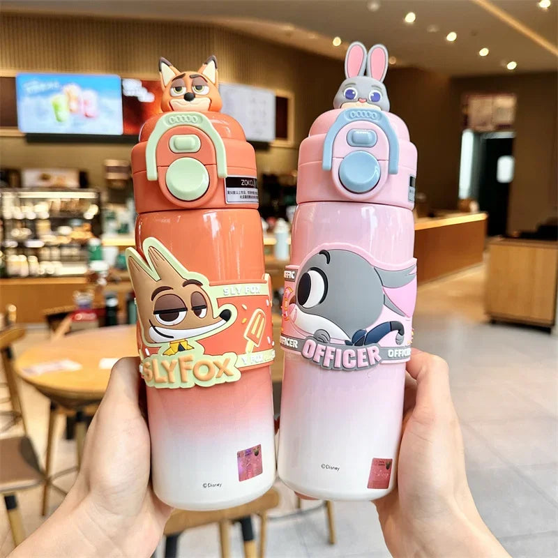 X&W  Zootopia Judy Nick Stainless Steel Insulated Cup Double Drinking Straw Cup Warm and Cold Proof Outdoor Sports Water Bottle
