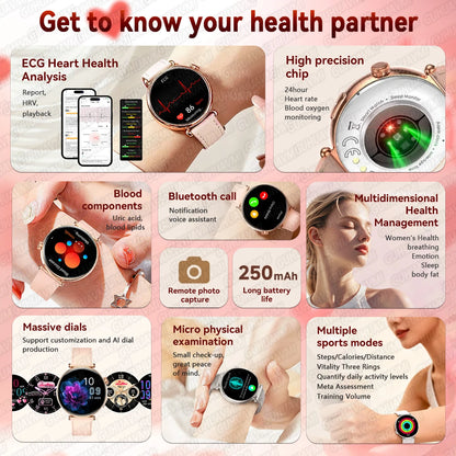 2026 New Women's Health Care Smartwatch ECG Blood Pressure Uric Acid Blood Lipids Sports IP68K Bluetooth call Fashion Smartwatch