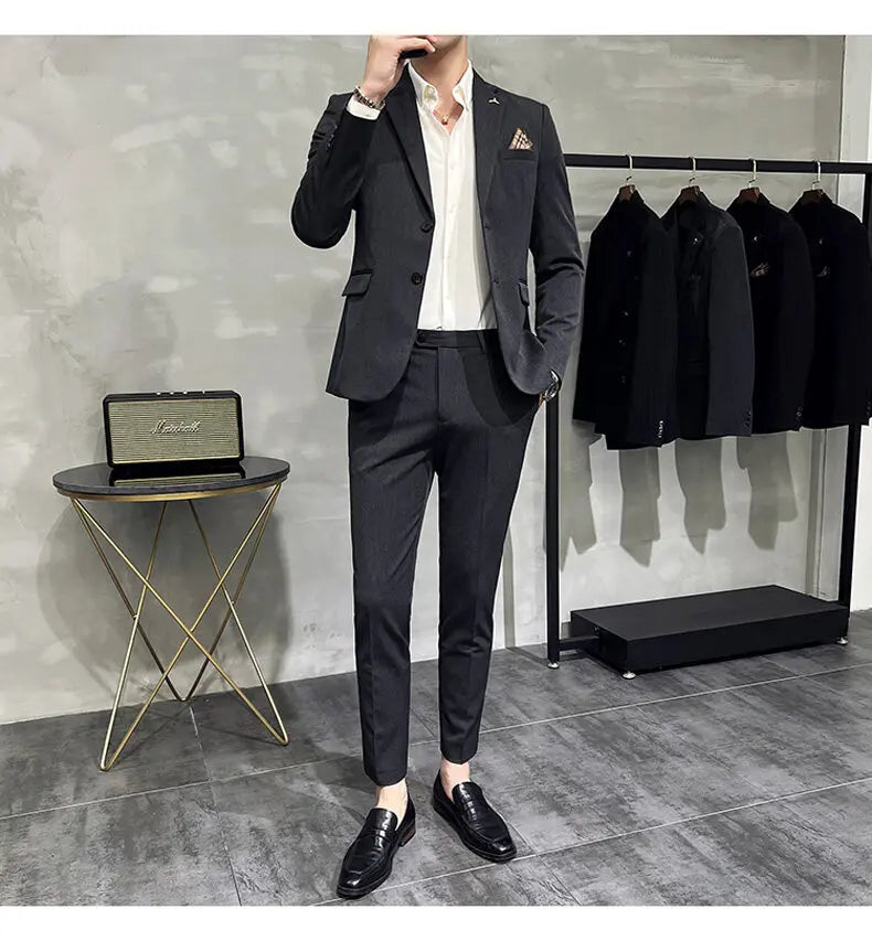 High quality Korean slim fit (suit + trousers) Fashion business handsome casual solid color wedding suit two-piece set