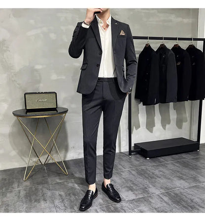 High quality Korean slim fit (suit + trousers) Fashion business handsome casual solid color wedding suit two-piece set