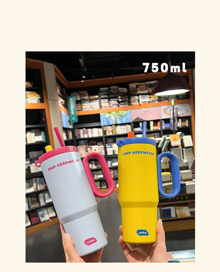 JUSTINLAU 750ml Insulated Cup Ice Tumbler 316 Stainless Steel Thermal Cups With Straw & Handle Cold Hot Outdoor Travel Car Cup