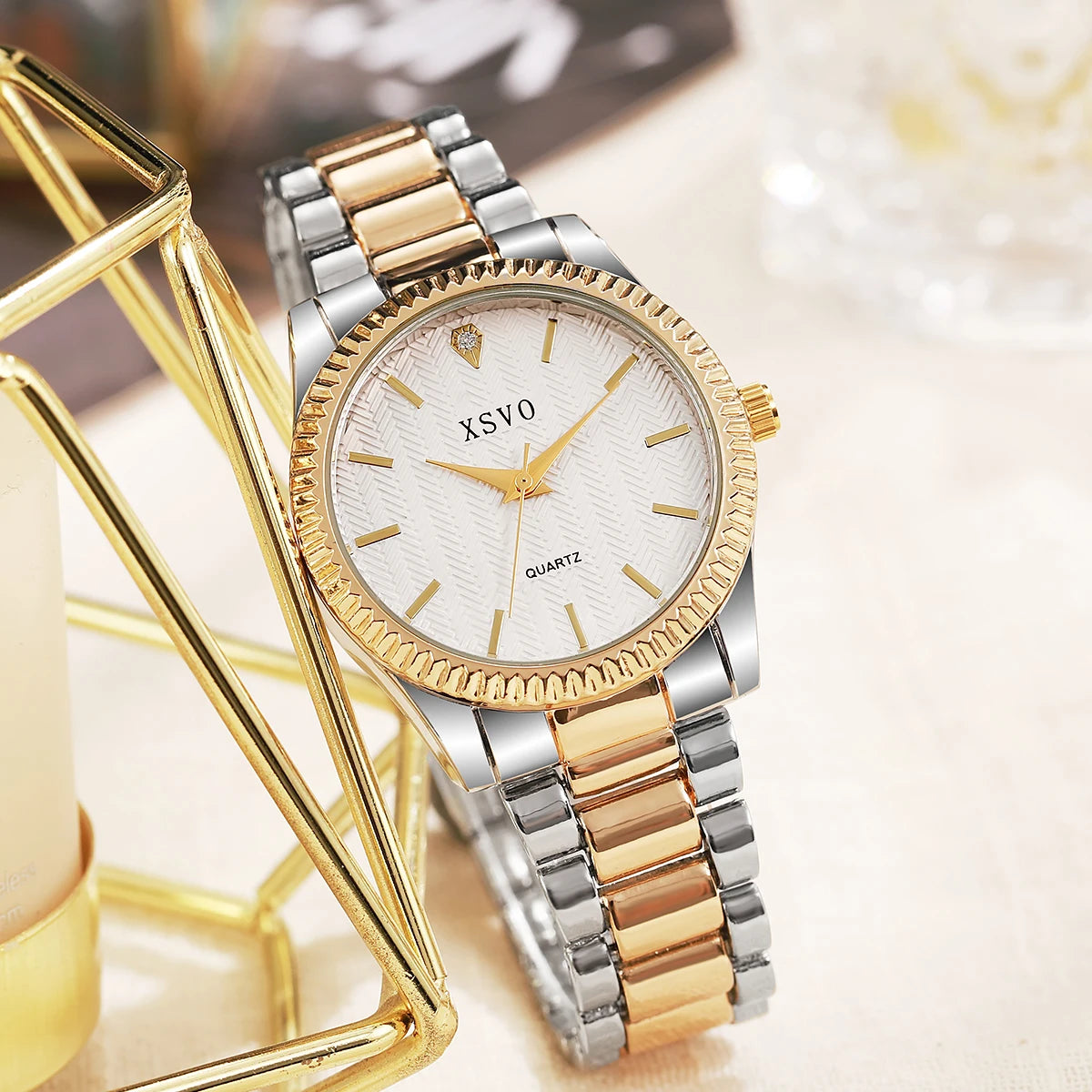 Fashion Trend Round Dial Alloy Material Women's Quartz Watch Jewelry 4 Piece Set, Suitable for Christmas and Thanksgiving Gifts