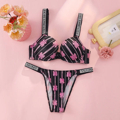 Victoria s Secret Rhinestone Logo Shoulder Straps Lace Underwear Sexy Lingerie Set Push Up Bra And Panties Set For Women