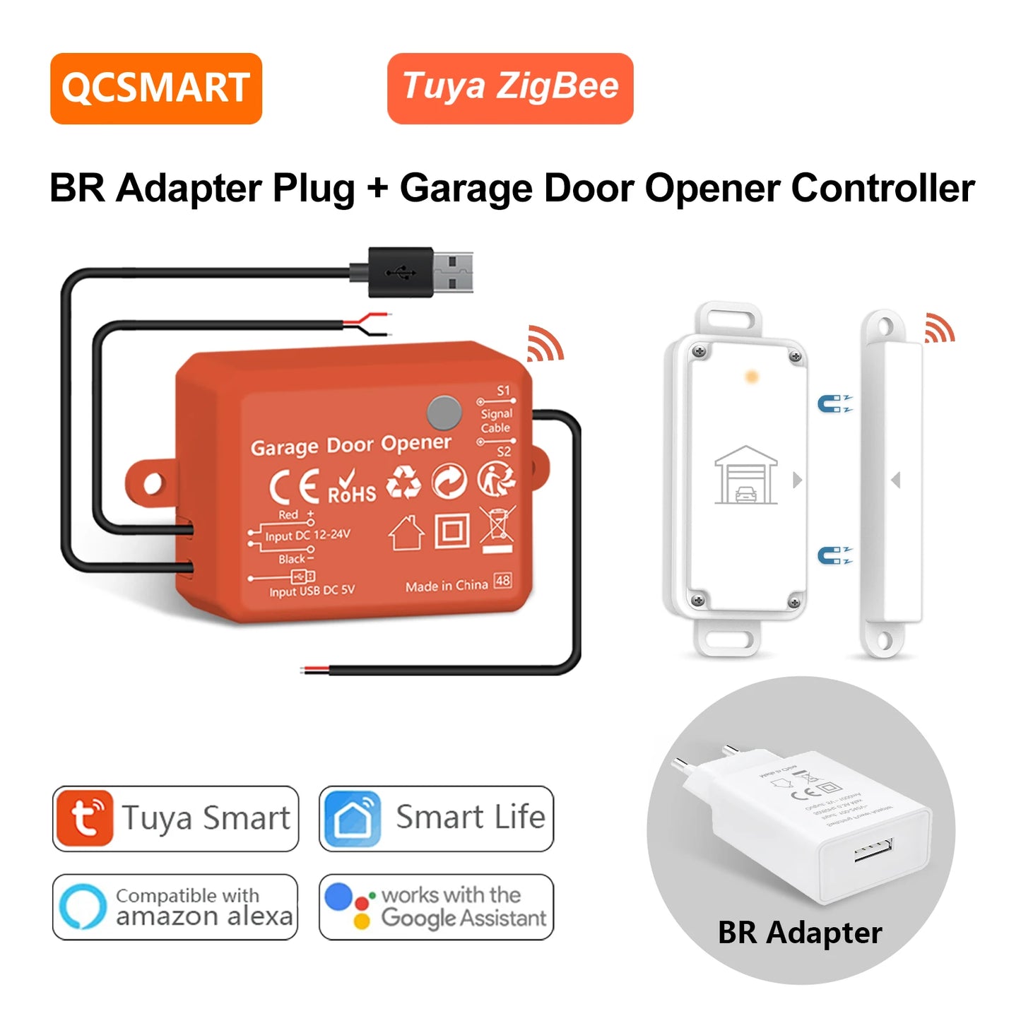 QCSMART ZigBee Garage Door Wireless Waterproof Sensor Opener Controller Control Smart Life Works with Google Assistant Alexa