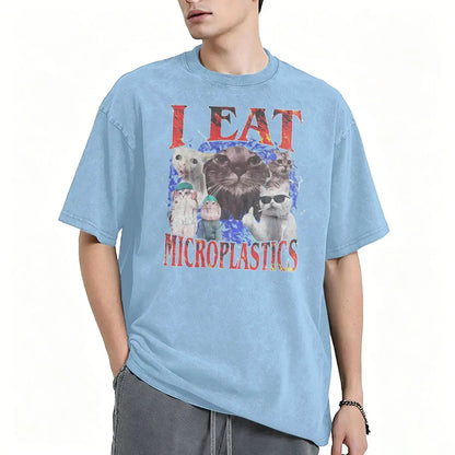 I Eat Microplastics Meme Cats Retro T Shirt 100% Cotton Vintage Washed T-shirt For Men Women