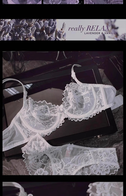 Chic French Ultra-thin Lace Lingerie Set, Large Breasts See-through Underwire Bra,small Bust Lift Elegant Soft Feminine Set S-xl