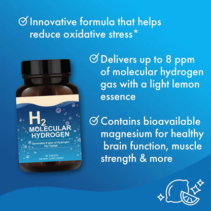 H2 Molecular Hydrogen - Supports Healthy Aging, Cellular Energy & Brain Health - with Elemental Magnesium - GMO-Free, 60 Tablets