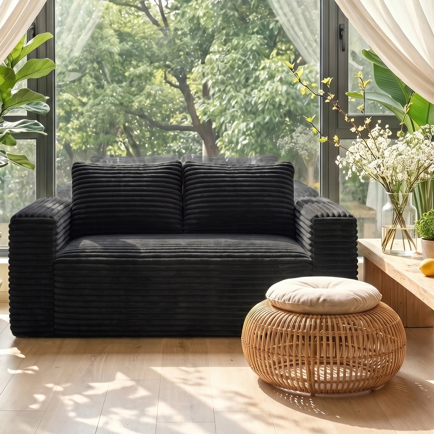 Boneless Deep Seat Loveseat No Assembly Needed Foam Base Sofa Soft Corduroy Fabric Apartment Bedroom Office Modern Living Room